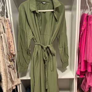 Olive Green Long Sleeve Belted Dress
